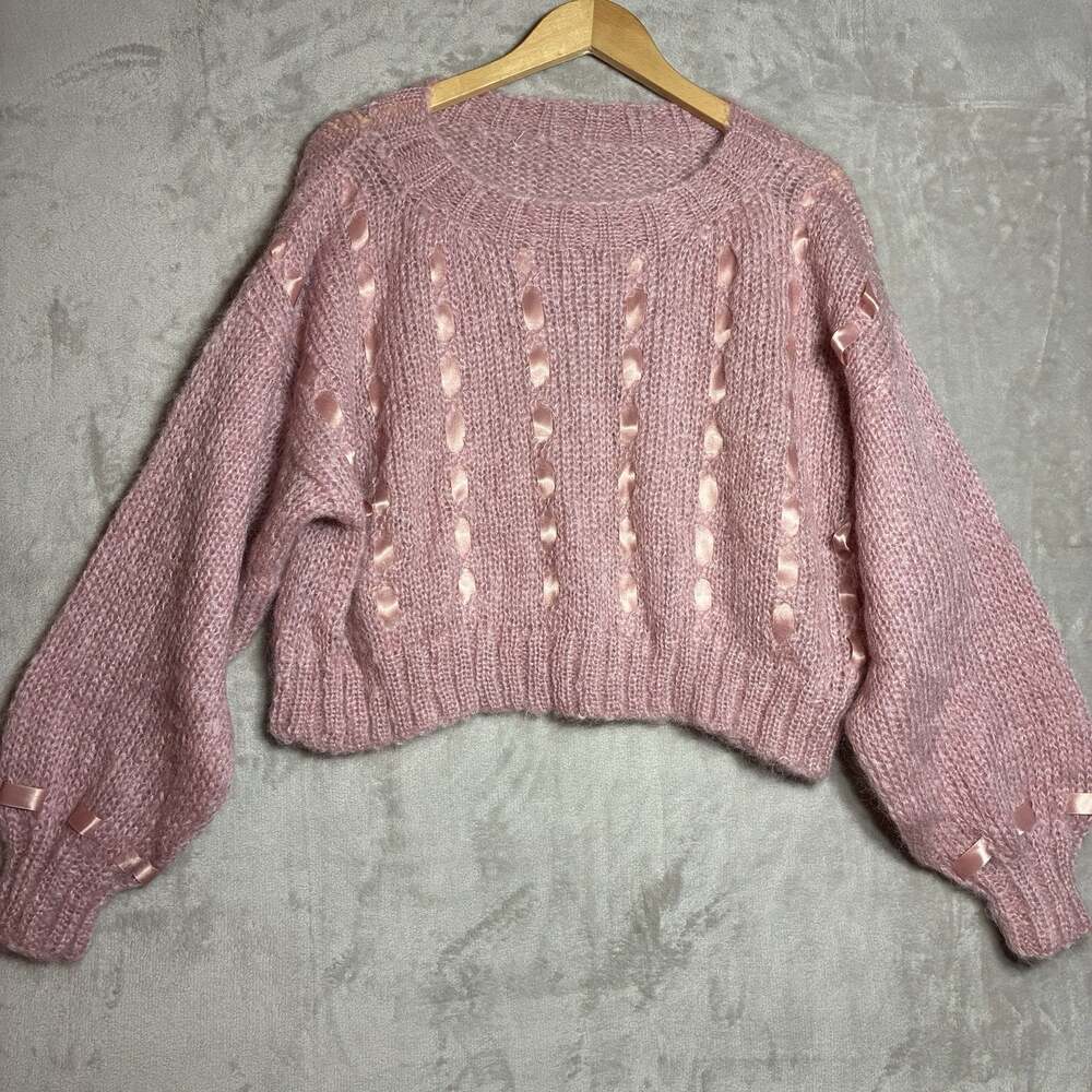 Vintage Knit Sweater w/ Ribbon Detailing Pink Size XL